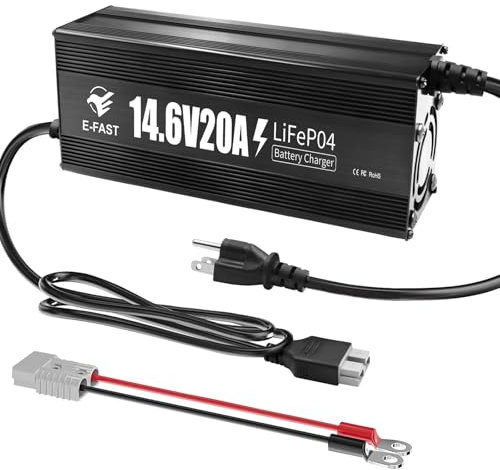 Cargador de batería de litio LiFePO4 de 20 amperios y 14,6 V con conector Anderson, indicador LED