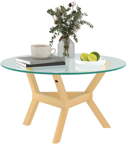 HOMCOM Couchtisch aus Hartglas, Wohnzimmertisch mit verstellbaren Fußpolstern und Stahllrahmen, runder Beistelltisch für Wohnzimmer, Transparent, Ø80 x 45 cm