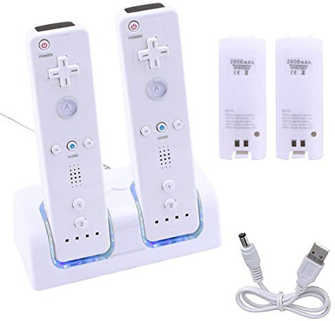 Fesatccoz 2 en 1 estación de carga para mandos Wii, estación de carga para dos controladores, incluye 2 pilas recargables de 2800 mAh, cargador automático para los controles remotos de juegos Wii