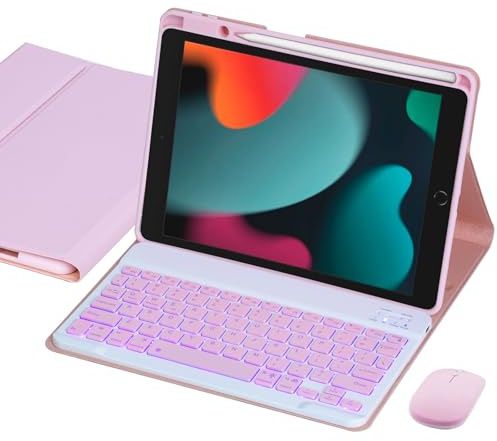 VLEAQC Keyboard Case for iPad 9th/8th/7th Generation 10.2 Inch, 7 Color Backlight Wireless Keyboard and Mouse, Protective Cover with Pencil Holder, Compatible with iPad Pro 10.5 /Air 3rd Gen (Pink)