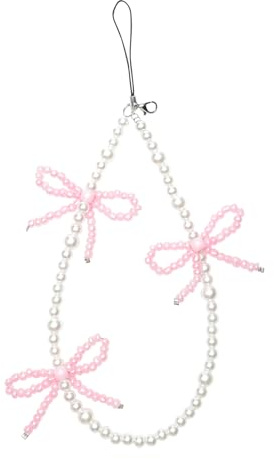 Reownest Phone Charm Bracelet - Cute Bowknot Chain Pearl Beaded Aesthetic Universal Cell Phone Lanyard Wrist Strap Keychain Accessories for Bag Camera Pendants Decor