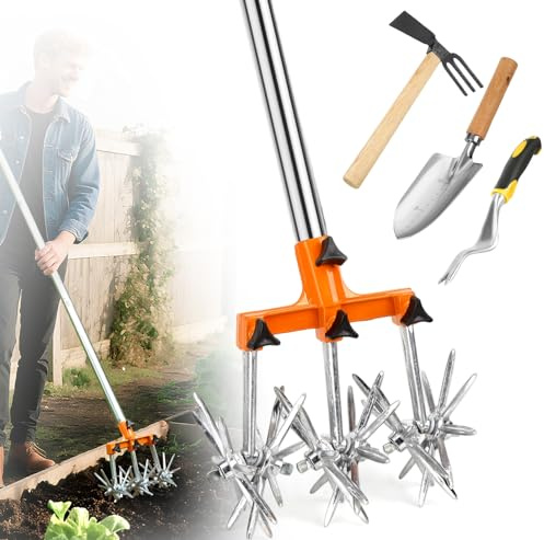 Cultivateur rotatif de jardin de 145 cm avec poteaux réglables en acier inoxydable pour mélange de sol ou kit de réensemencement (désherbeur + râteau de cultivateur + houette de jardinage 2 en 1)