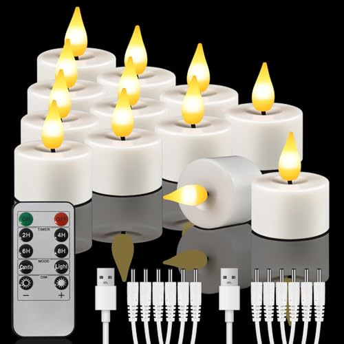 Dixmas 12 Stück Wiederaufladbar LED Teelichter mit fernbedienung | Flammenlose LED Kerzen, Timer, USB Elektrische Aufladbare, Für Hochzeiten Partys Weihnachten Heimdekoration