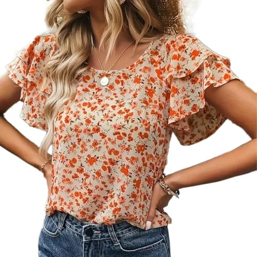 Auriselle Blouse à Manches Courtes Femmes, été Fleurs col Rond Volants Chemisier Chemise Blouse d'été légère, Confortable Vintage élégante Fluide Ample décontractée Haut t-Shirt Tenue Orange, S