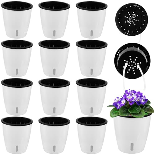 Planterhoma 5 Inch Self Watering Pots for Indoor Plants, 12 Packs African Violet Pots with Indicator, Black Wick Pot with Drainage Holes, Self Watering Planters for Orchid, Devil's Ivy, White