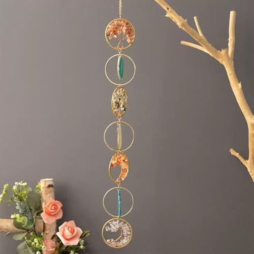 7 Chakra Kristalle Aufhänger Deko Sonnenfänger Anhänger Natürlich Edelsteine Wandbehang Ornament Wandbehang,Yoga Wandkunst, Ornamente für Schlafzimmer(Bunte 7Ringe)