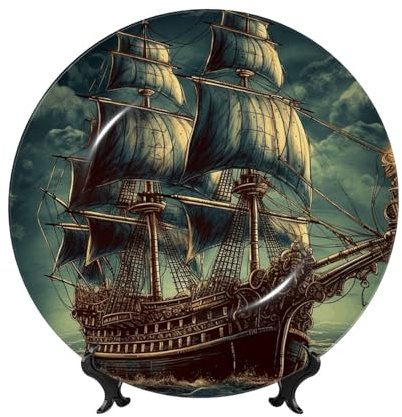 Piatti decorativi in porcellana Bone China, nautico Vintage Vela Pirata Nave Piatto Decorativo in Ceramica Con Espositore Piatti da Cena Artigianato Artigianato 8 Ornamenti in Ceramica Decorazione da