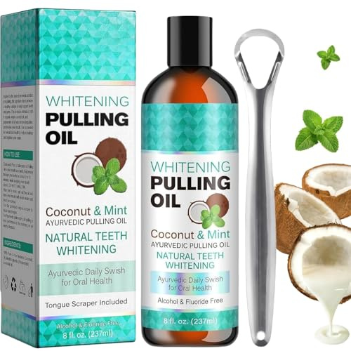 Coconut Pulling Oil for Teeth, Whitening Pulling Oil & Tongue Scraper, Alcohol-Free Mint Whitening Mouthwash, Promotes Fresh Breath, Whiter Teeth & Healthier Gums, Ideal for Daily Oral Care Routine