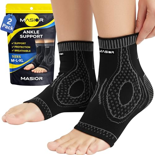 MASIOR Ankle Support Brace 2 Pack for Men & Women Compression Ankle Sleeves Socks for Plantar Fasciitis, Sprained Ankle, Ligament Damage, Achilles Tendonitis & Sports, Foot Pain Relief Brace - Large