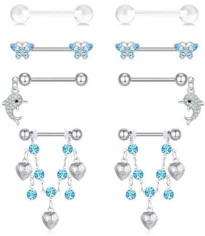 MODRSA 4 Paia di Barrette per Piercing al capezzolo, Barrette per Piercing alla Lingua: Barrette per Piercing al capezzolo in Acciaio Chirurgico Blu 14G