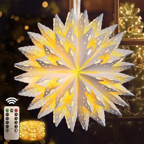 Stella di Natale Luminosa da Esterno, Stelle di Natale Decorazioni Natalizie, Stella Cometa per Presepe, Stelle di Carta da Appendere, Stella Cometa LED, Decorazioni Natalizie Finestre, 45 cm Ø Bianco