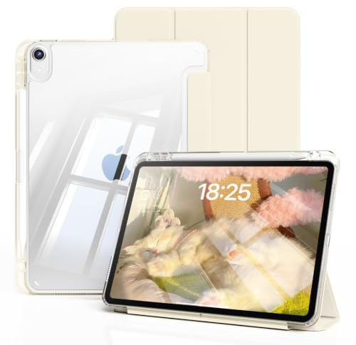 ZOYU Clear Case for iPad A16 11th Gen 11/10th Gen 10.9, Cream White | Transparent Hard Back Cover with Pencil Holder, Shockproof Soft TPU Frame, Support Touch ID, Auto Wake/Sleep