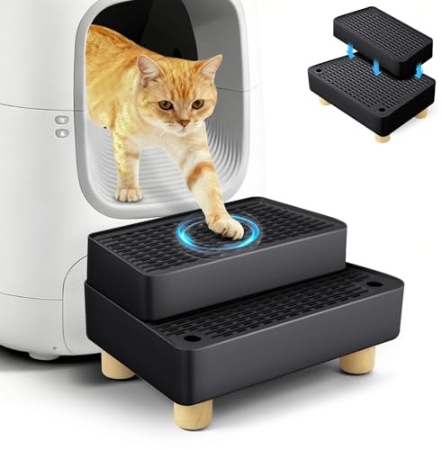 Bartuke Grande rampe de litière à 2 marches réglable avec pieds en bois, fonction de filtration, escalier pour chatons et chats âgés, bac à litière automatique pour chat (noir)