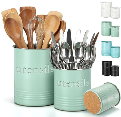 FoldTier 2 Pack Kitchen Utensil Holder for Counter 6.7+4.7 Farmhouse Cooking Utensil Crock with Cork Bottom Modern Farmhouse Decors Countertop Storage Organizer Caddy Housewarming Gift(Sage Green)