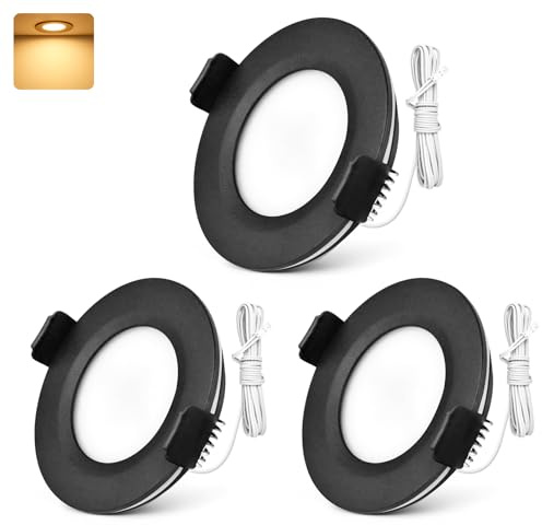 GeyouLux 3x LED Einbaustrahler 12-24V DC, Schwarz, 3W, 3000K, Loch 58-62 mm | 300LM, Warmweiß, IP44, 2m Kabel, Aluminiumgehäuse, für Wohnmobil, Boot, Bad, Küche, nicht dimmbar