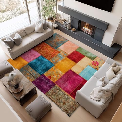 AUWUUA Abstrakt retro lapptäcksmatta för sovrum, 60 x 240 cm, bohemiska färgblock, halkfri, tvättbar för kök, matsal, hall, tunn
