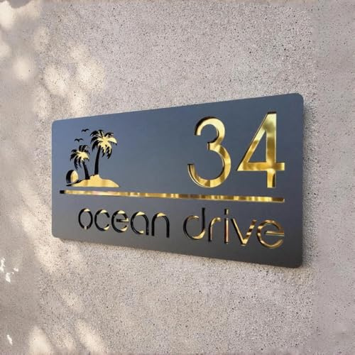 Numéro de maison personnalisé avec motif de palmiers creux 3D, plaque d'adresse moderne en acrylique pour extérieur, panneau décoratif imperméable pour porte, façade ou jardin