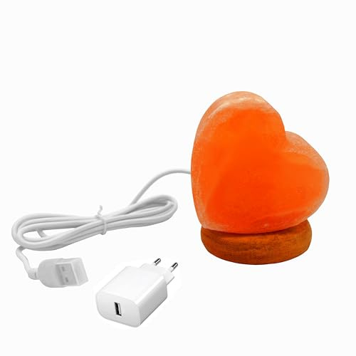 HAF Beleuchtete USB Salzlampe HERZ Rosa aus Kristallsalz – Handgefertigte Salzkristall LED Deko Lampe mit Holzsockel – Für warmes Licht, entspannte Atmosphäre – Als Tischlampe für Büro & Schlafzimmer