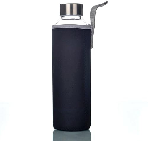 Trinkflasche aus Glas 550ml (Schwarz) Auslaufsichere Glasflasche aus Borosilikatglas, BPA-frei, kohlensäuregeeignet & spülmaschinenfest, mit Schutzhülle, für heiße & kalte Getränke, Edelstahl Deckel