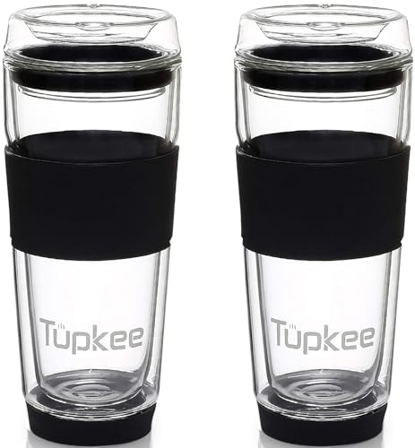 Tupkee Glasglas med dubbla väggar – 40 ml, helt glas återanvändbart isolerat te/kaffemugg och lock, handblåst glas resemugg – svart