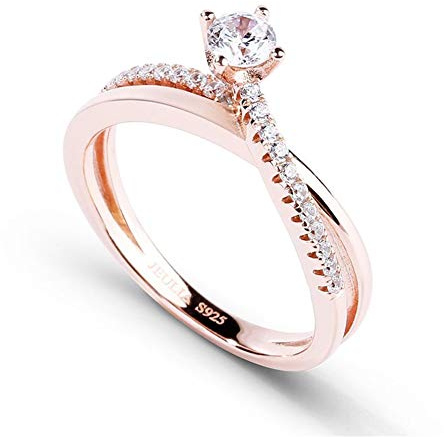 Jeulia Damen Rotgold Ringe Sterling Silber Rundschliff Solitärring Diamant Ringe Schmuck für Braut Hochzeit Band Verlobungsring