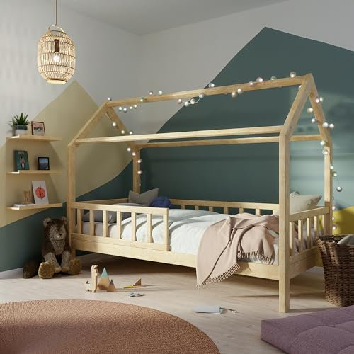 RIVERBANK® Hausbett 90x200 - Kinderbett 90x200 mit Rausfallschutz und Lattenrost - Kiefernholz Montessori Bett - Hausbett für Kinder, Jungen und Mädchen, Kids Bed - Bodenbett auf Anfrage