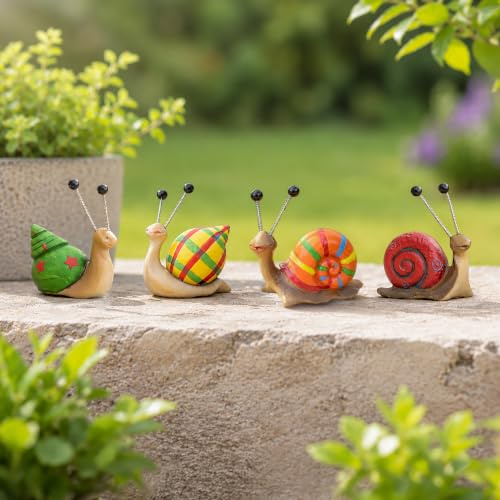 HomeZone 4-teiliges Schneckenfiguren-Set in leuchtenden Farben, handbemalt, Gartenornamente, Outdoor, wasserdicht, Kunstharz, Outdoor-Ornamente für den Garten und Zuhause, Schnecke, Tierdekorationen