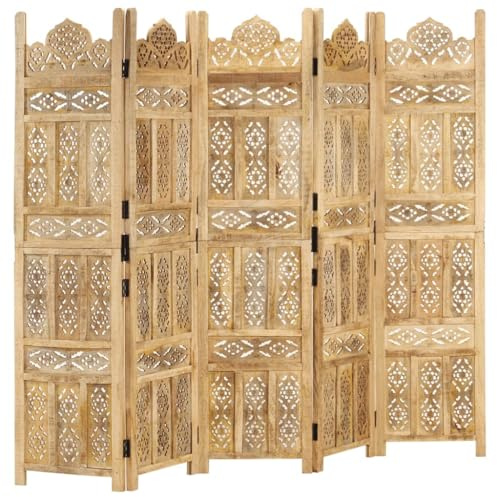 vidaXL Mangoholz Massiv Raumteiler 5-TLG. Handgeschnitzt Klappbar Trennwand Paravent Spanische Wand Umkleide Sichtschutz 200x165cm
