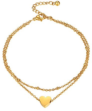 Suplight Damen 18k vergoldet Fußkette Zweireihig Fußkettchen mit Herz Charm 20+5cm verstellbar Knöchel Armband Fashion Sommer Strand Fußschmuck Accessoire Geschenk für Mädchen