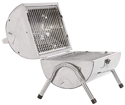 Portable Barrel Stainless Steel BBQ with 2 Independent Cooking Areas Features Side Vents and Wooden Carry Handle - Great for Beach, Garden, Party or Camping (Silver)