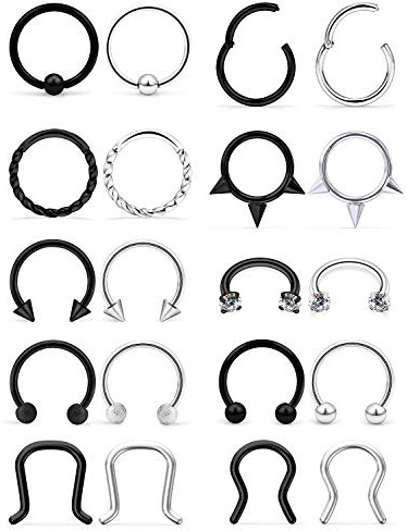 SCERRING 16G Septum Jewelry Stainless Steel Hinged Seamless Nose Hoop Ring Cartilage Daith Tragus Clicker Rings Retainer Body Piercing Jewelry 20PCS Silver & Black