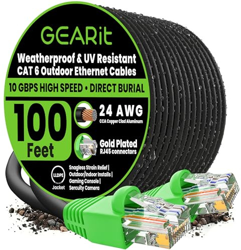 GEARit Cat6 Ethernet Cable 100ft, Direct Burial Outdoor Cat 6 Cable 24AWG High Speed Up to 10Gbps/550 MHz, LLDPE (PE) UV-Resistant Waterproof Jacket, CCA RJ45 Internet Cable for Router- Black,100FT
