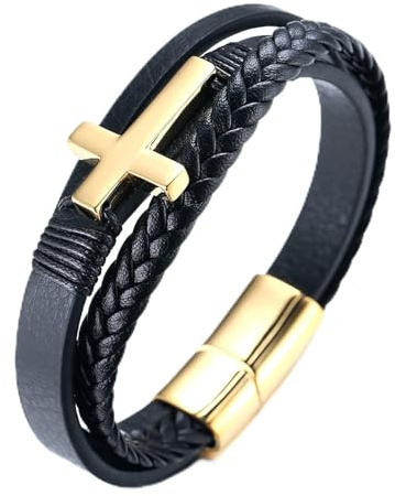HALUKAKAH Bracelets for Men Vikings, Solid 24k Gold Plated/Distressed Silver Retro Titanium Steel Cross Star Multi Wrap Handmade Leather Bracelet Magnetic Clasp 21.5cm, Free Giftbox