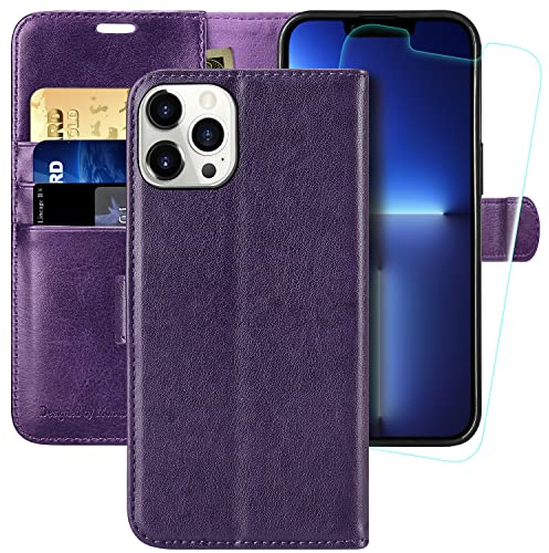 MONASAY Wallet Case for iPhone 13 Pro Max with 3 Card Holders - Purple | Kickstand,RFID Blocking,6.6 feet of shock absorption,PU Leather, Strong Magnetic Closure, Fits 6.7 inch ONLY,Protective film