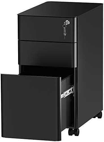 YITAHOME Rollcontainer, Abschließbar Rollcontainer mit 3 Schubladen, Metall Mobiler Aktenschrank Büroschrank mit Rollen für A4, Legal, Letter Home-Office, Hängeregistratur, Schwarz, 46 x 30 x 59cm