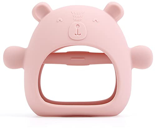 AULEGE Silicone Baby Teether Toy for Infants 3+ Months, Anti-Drop Silicone Baby Mitten Teether for Soothing Teething Pain Relief, Baby Chew Toys for Sucking Needs, BPA Free, Dark Pink