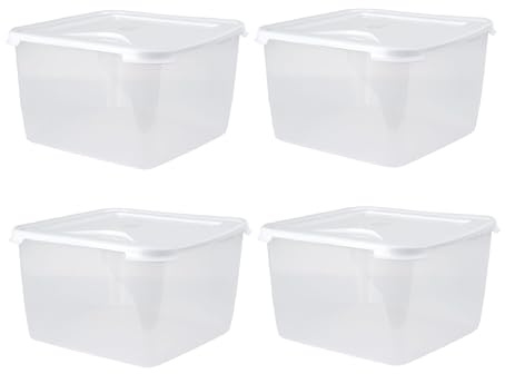Shop4allsorts Set Of 4 15L large food storage containers with lid - Food safe storage box - Square food Tub freezer and microwave safe BPA Free - clear base white lid.