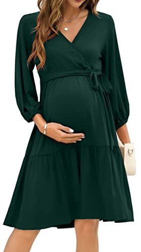 KOJOOIN Dam, Klänning, Mammaklänning, V-ringad, 3/4 ärmar, Amningsklänning, Volang, Graviditetsklänningar med Bälte (återanvändbar förpackning), Mörkgrön (3/4 ärmar), XXL