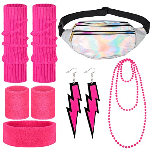 AUXSOUL 80 Jahre Kostüm Zubehör für Damen Set,Bauchtasche,Neon Beinwärmer,Stirnband,Armband,Blitz-Ohrringe,80s Women Accessories Set für 80er Jahre Thema Party Zubehör, Rosenrot | Beinwärmer,Stirnband,Armband,Blitz-Ohrringe,80s Women Accessories Set für 80er Jahre Thema Party Zubehör, Rosenrot
