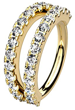 Tata Gisèle Piercing Anneau pour Cartilage Septum Nez Oreille - Créole Pliable Double Anneau Pavé de Zircons Clairs - 8 mm - (Or Doré/Clair)