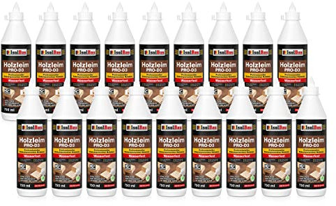 Isolbau Holzleim PRO-D3-18 x 750 ml (860 g) Extra starker Holzkleber für alle Holzarten, für Innen & Außen, Wasserfest, Lösemittelfrei
