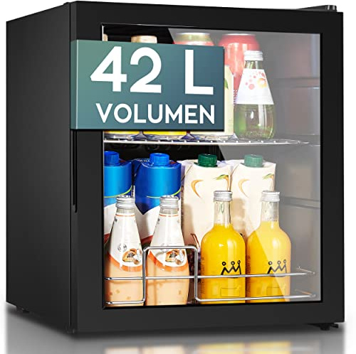 Heinrich´s HEINRICHS Getränkekühlschrank, Mini Kühlschrank mit Glastür kompakt und leise: 40dB, LED-Innenraumbeleuchtung, perfekt geeignet für Büro Camping Garten,5 bis18GradC, (42Liter/1Ablage/40db)