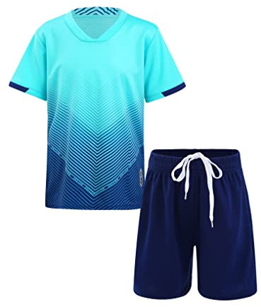 Yeahdor Pojkar sportkläder set kortärmad sport t-shirt tröja med träningsshorts sportdräkt fitnessdräkt fotboll löpning jogging, Ja himmel blå a, 110/116 cm