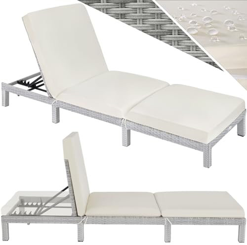 tectake® Polyrattan Sonnenliege mit 6-Fach höhenverstellbarer Rückenlehne, Outdoor Daybed mit bequemer Polsterauflage, Gartenliege Rattan für drinnen und draußen, pflegeleicht und stabil - hellgrau