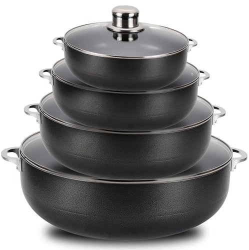 Alpine Cuisine Set di 8 pentole antiaderenti nere in alluminio resistente con coperchi in vetro, 2, 3,5, 7, 13 Qt