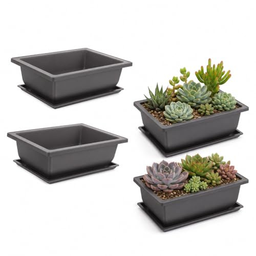 SUPVOX Juego de 2 Macetas Rectangulares de 23 cm con Bandeja - Macetero de Plástico Efecto Terracota para Bonsái y Suculentas - Estilo Antiguo para Jardín Interior y Exterior