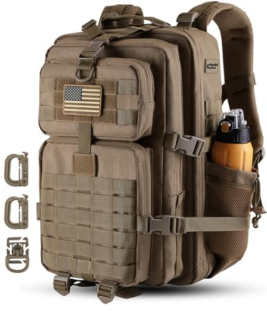Hannibal Tactical Molle-ryggsäck, 45 l, taktisk militär- och arméryggsäck, campingryggsäck, 3-dagarsväska, med märke med amerikanska flaggan, D-ringar, kaki