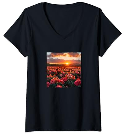 Donna Begonia Fiore Campo Bella Tramonto Grafica Maglietta con Collo a V