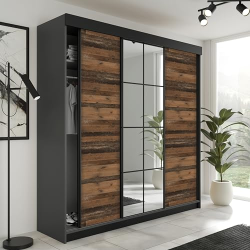 KIER FURNITURE Schiebegarderobe LAMARO mit Spiegel - Schrank Schlafzimmer - Schlafzimmerschrank - Wardrobe Bedroom - Kleiderschränke - Kleiderschrank - 200x205x59cm - Graphit & Old Style