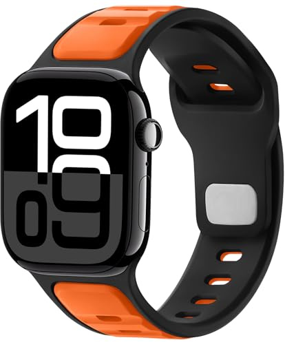 Anlinser Sport Straps Compatible with Apple Watch Strap 42mm 41mm 40mm 38mm for Women Men, Silicone Loop Band Designed for iWatch Series 11 10 9 8 7 6 5-1 SE, Black-Orange